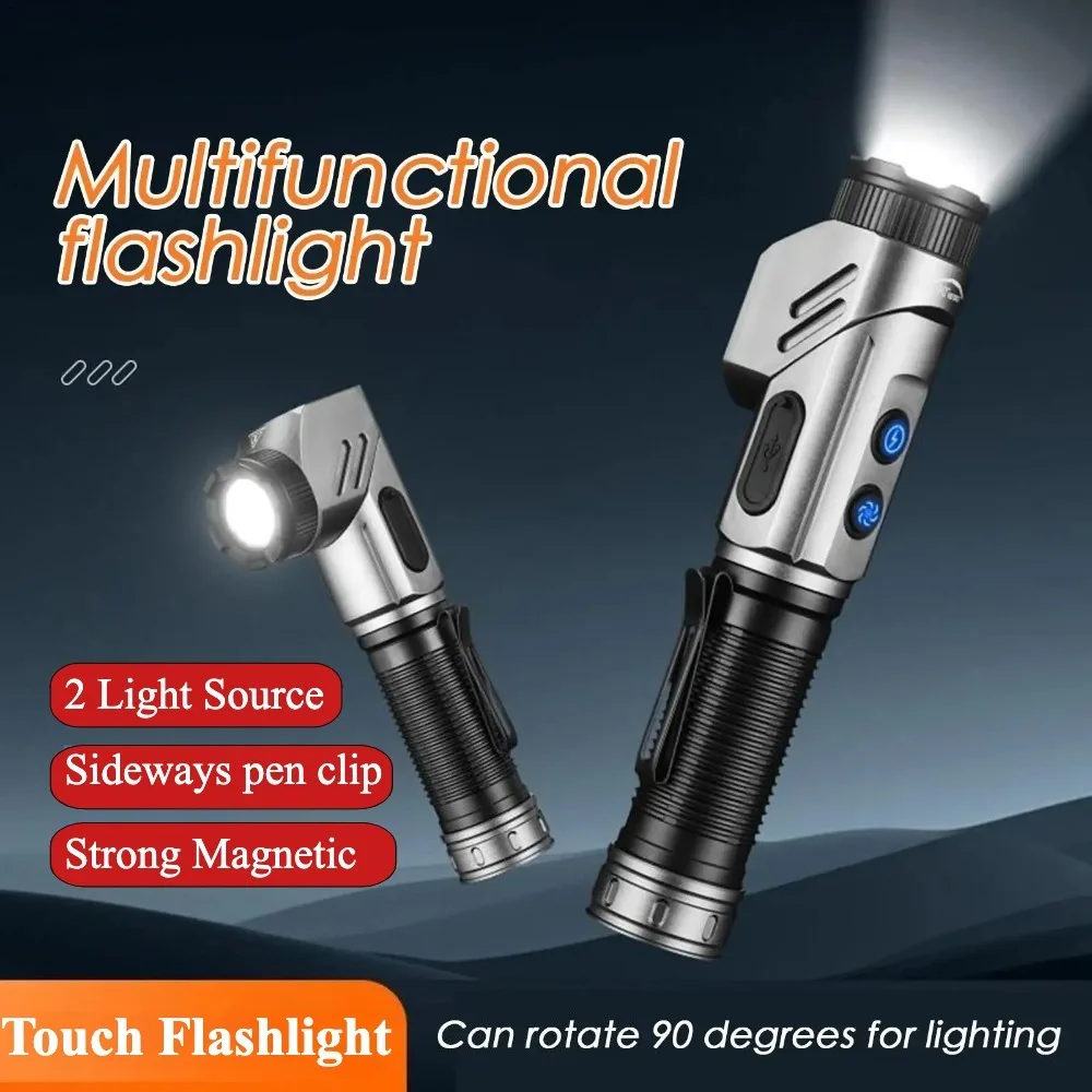 Strong Light LED Flashlight 90-Degree Adjustable USB Charging Magnetic Work Light Outdoor Portable Torch for Hiking