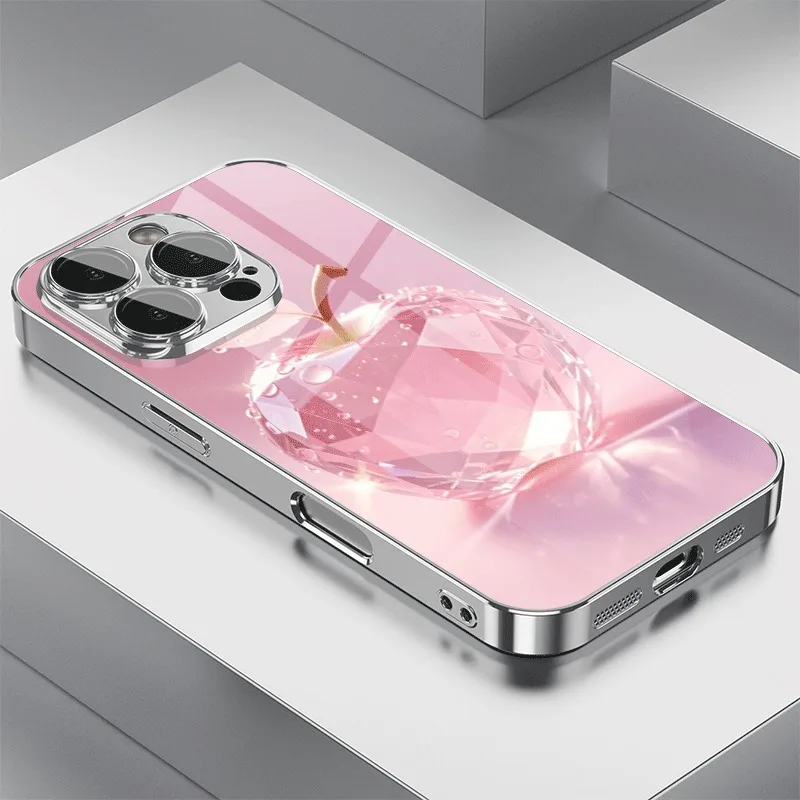 

Pink Crystal For Apple Pattern Tempered Glass Electroplated Phone Case For iPhone 17 16 15 14 13 12 Pro Max Plus 16E 17Air Cover