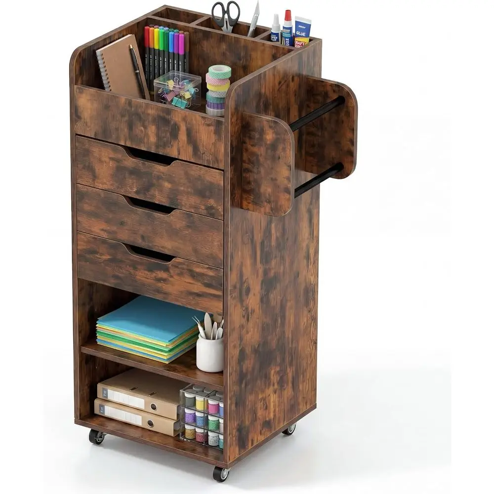 Industrial-Style Rolling Storage Cart with Lockable Wheels, 3-Shelf Organizer for Makeup and Office Supplies