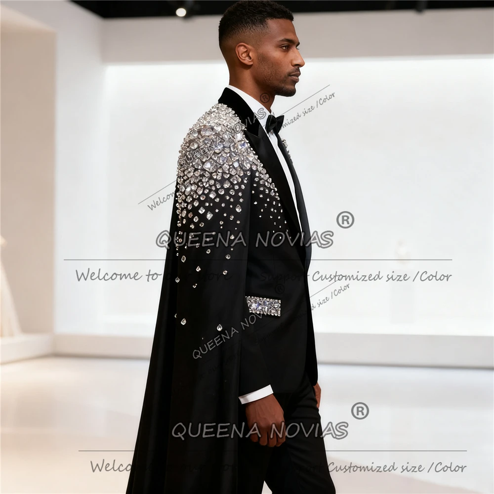 Modische Diamant-Perlen-Bräutigam-Hochzeits-Smoking, einreihige Jacke mit Umhang, lang, maßgeschneidert, 2-teilig, Bankett-Herrenanzug