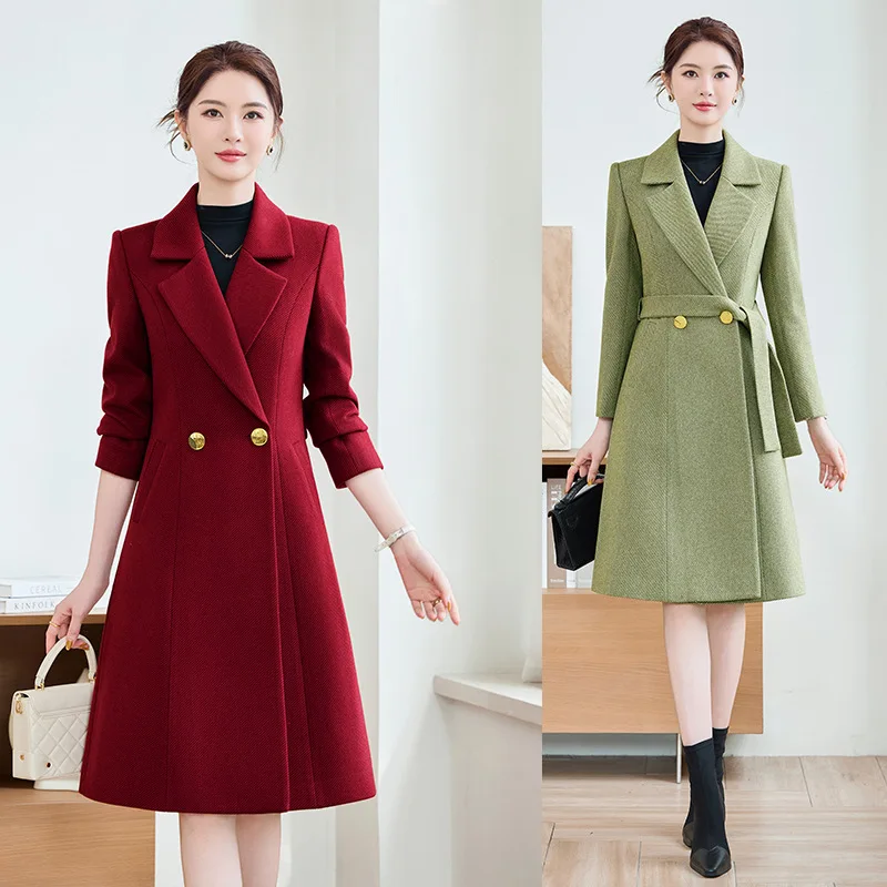 

Suit Jacket Autumn Winter Red Long Trench Coat Thickened Warm Trench Coat Professional Wear Elegant Fashion Formal Coat