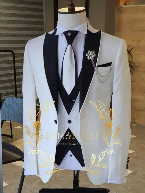 Suits For Men 2024 Latest Design Blazer Sets Black White 3 Piece Trajes De Hombre Luxury Fashion Prom Party Dress Wedding Tuxedo