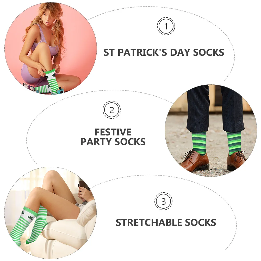 

3 Pairs St Patrick's Day Socks Clover Design Polyester Unisex Warm Stretchable Festive Party Shamrock Pattern Socks