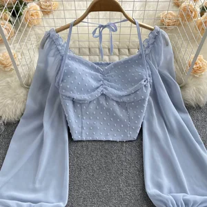 Singgreiyy -Bälle falten kurze Bluse für Frauen, Schnittuhr, langer Schlaf, Halfterblatt, elastische Woche, französische Mode, Strandbluse, Sommer 6 Hauptverkäufe Frauen Praia Camisão - №3