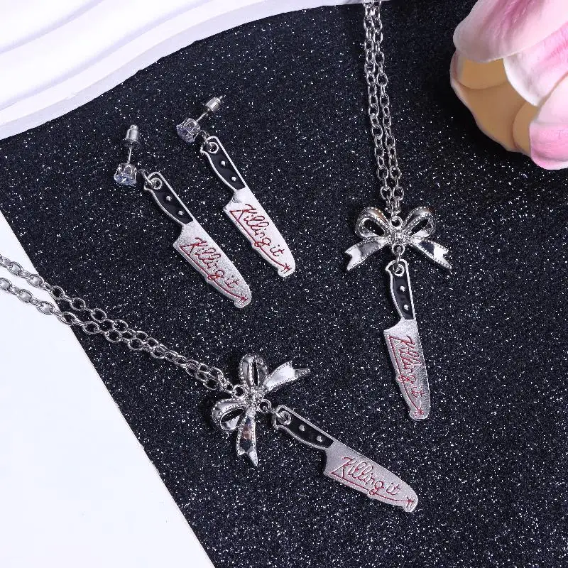 مجموعة قلادة على شكل فيونكة خنجر على الطراز القوطي الشرير - قلادة وأقراط أداة محاكاة Y2K، مجوهرات ذات بيان منفعل لملابس الحفلات البديلة #4