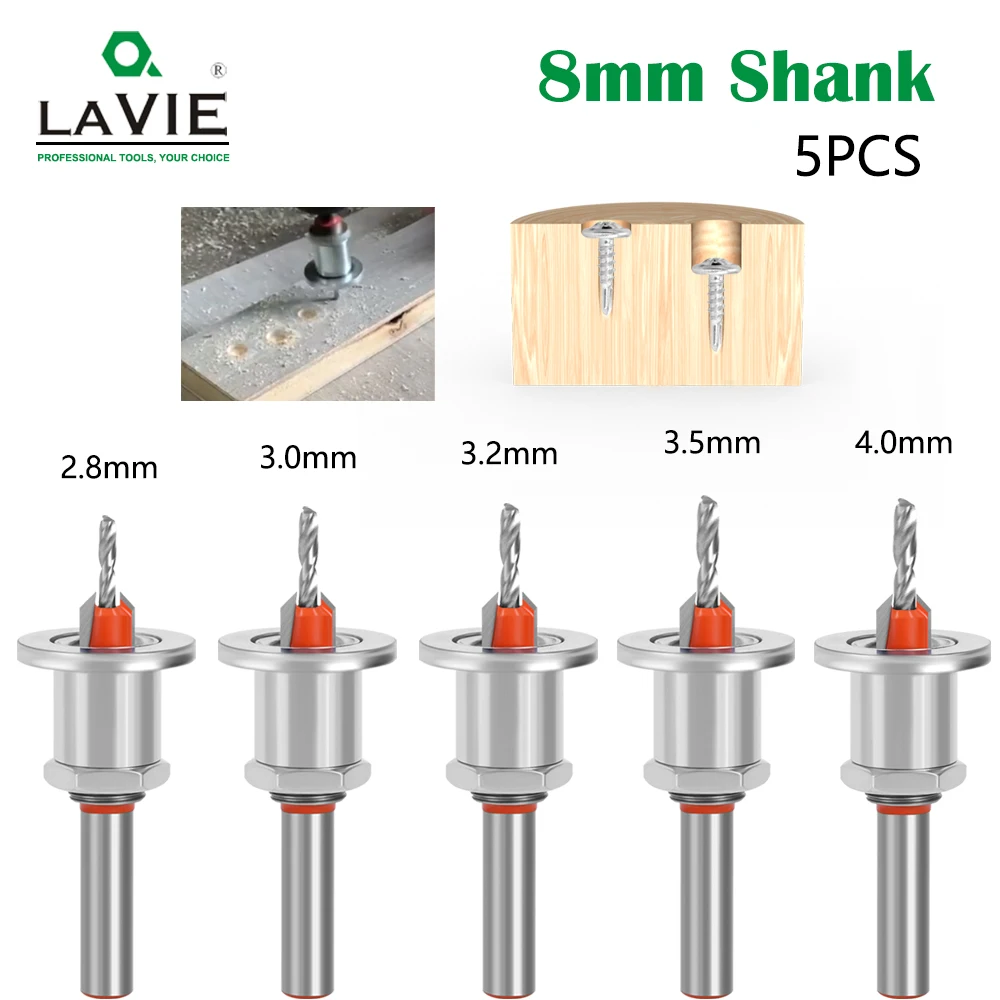 LAVIE 5pc 8mm Shank HSS Countersink Woodworking Router Bit Set Milling Cutter Screw Extractor Remon Demolition