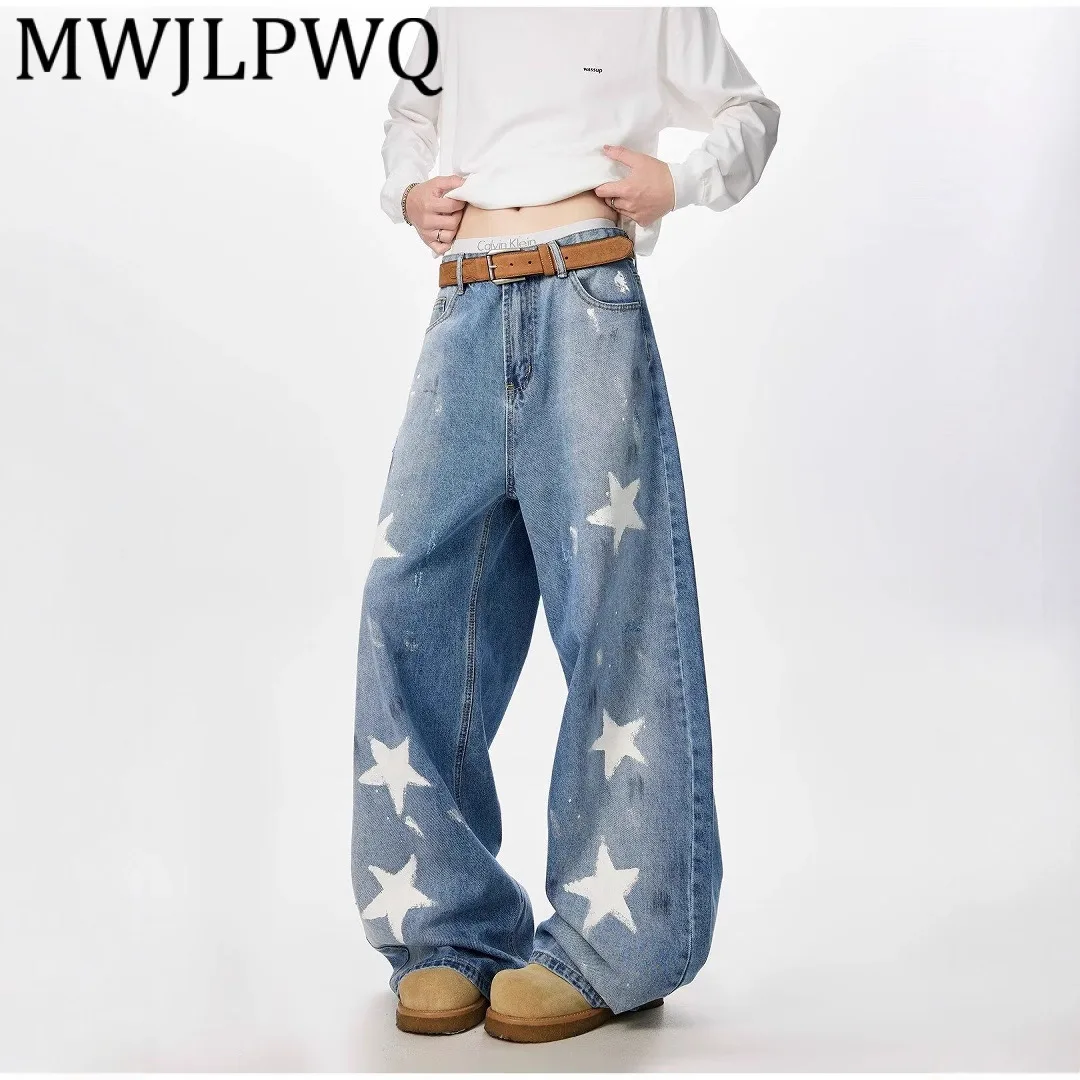 MWJLPWQ جينز عتيق بتصميم جرافيتي خماسية للرجال الهيب هوب خريف جديد ملابس الشارع الشهير بنطلون مستقيم فضفاض 2025 ربيع 11962