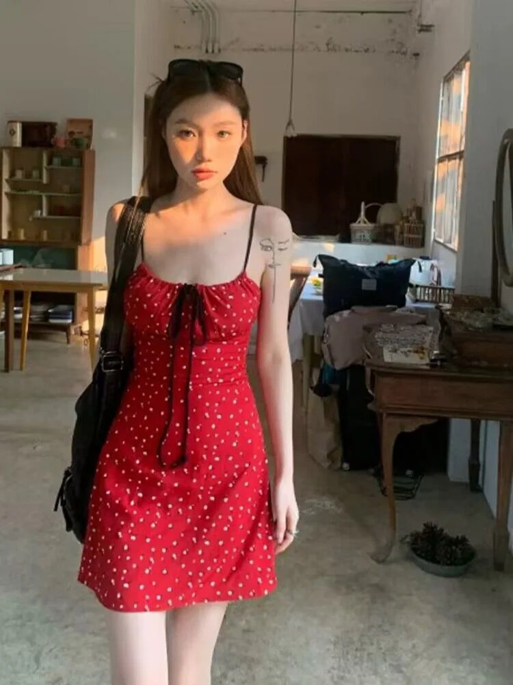 Red Floral ter Dr Women's Summer Slimming Belted ort Skirt Trendy Beach Vaion Sle Strapl  Dr