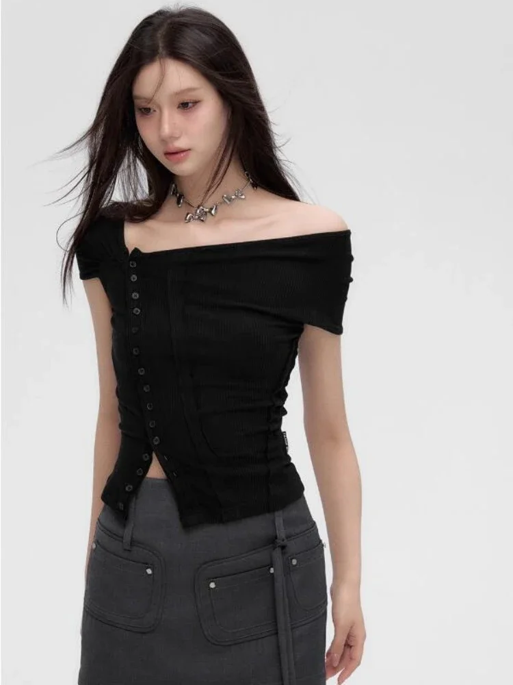 Slim T-shirts Women High Street Chic Spring Y2k All-match Schoolgirls Crop Tops Solid Black Crew Neck Hotsweet Korean Style Tees