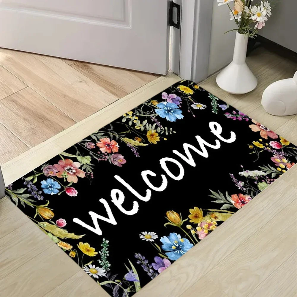Botanical Welcome Carpet Mat Rug Nature Inspired & Fresh Home Decoration with Black Green Tone for Entryway Living Room