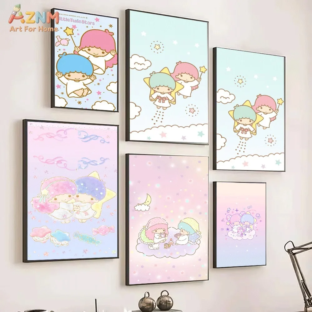 AZNM Little Twin Stars Canvas Wall Art Cute Cartoon Star Magic Wand Cloud Poster Print Kawaii Girls Bedroom Nursery Decor Unfram