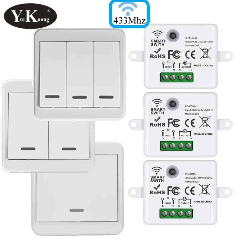 1/2/3 Gang Wireless Wall Switch RF 433Mhz Light LED Remote Control Switch 86 Wall Stick 10A 110V 220V Receiver for Lamp LED Fan