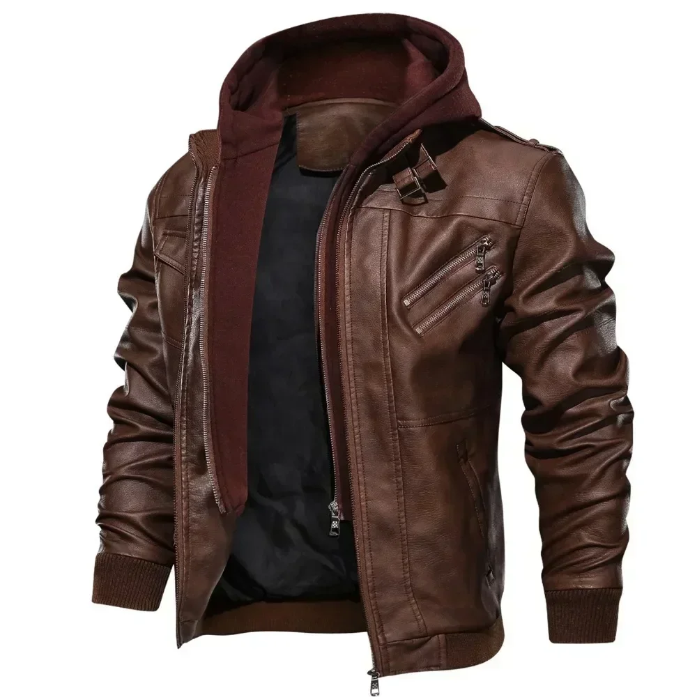 Men PU Leather Jackets Zipper Hooded Faux PU Leather Jacket Long Sleeve Coats Pockets Cardigan Punk Loose Coat Streetwear Mens