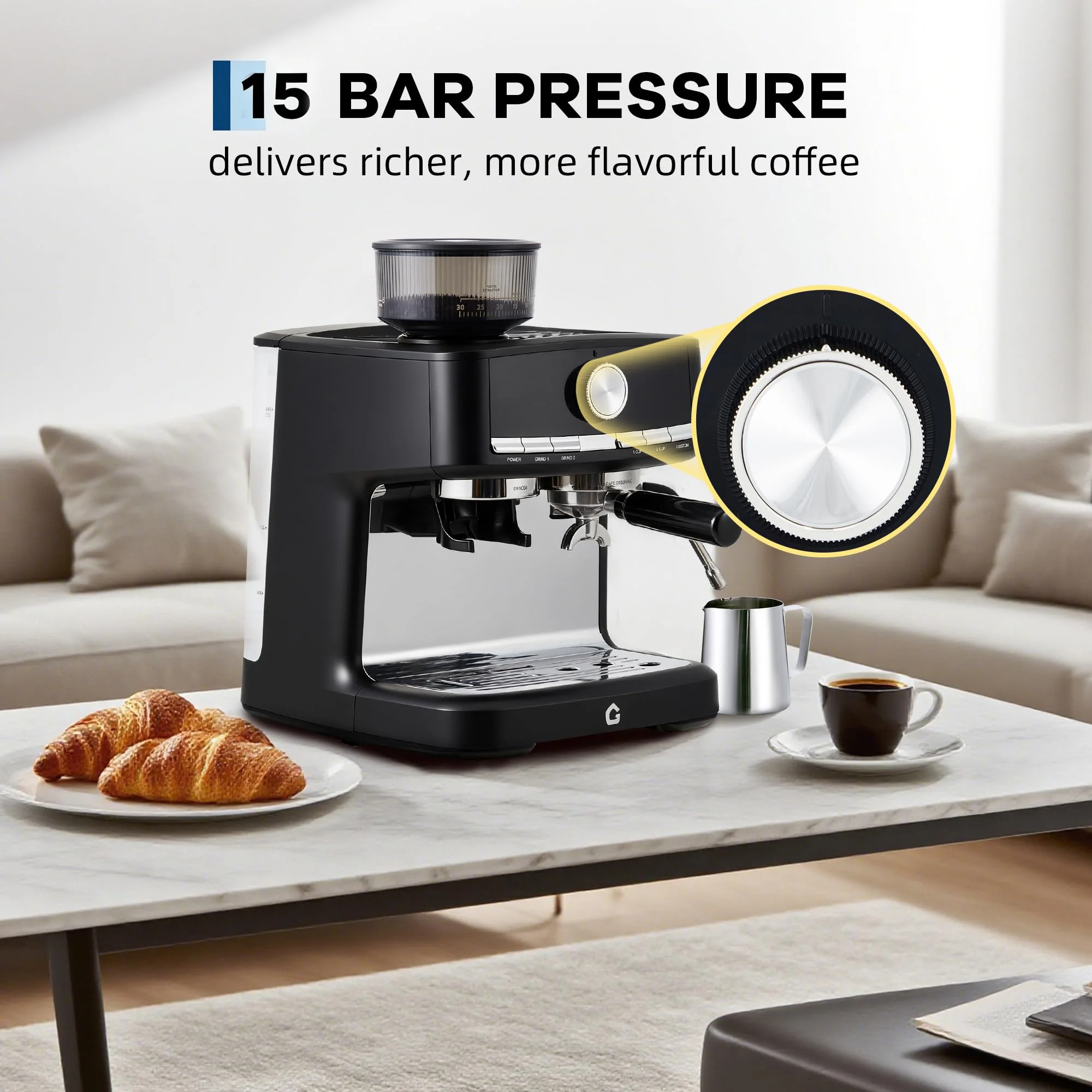 Semi-automatic Coffee Maker 15 Bar with 30 Level Grinder, 1.5L Removable Tank, Professional Coffee Machine for Home Cafe Barista