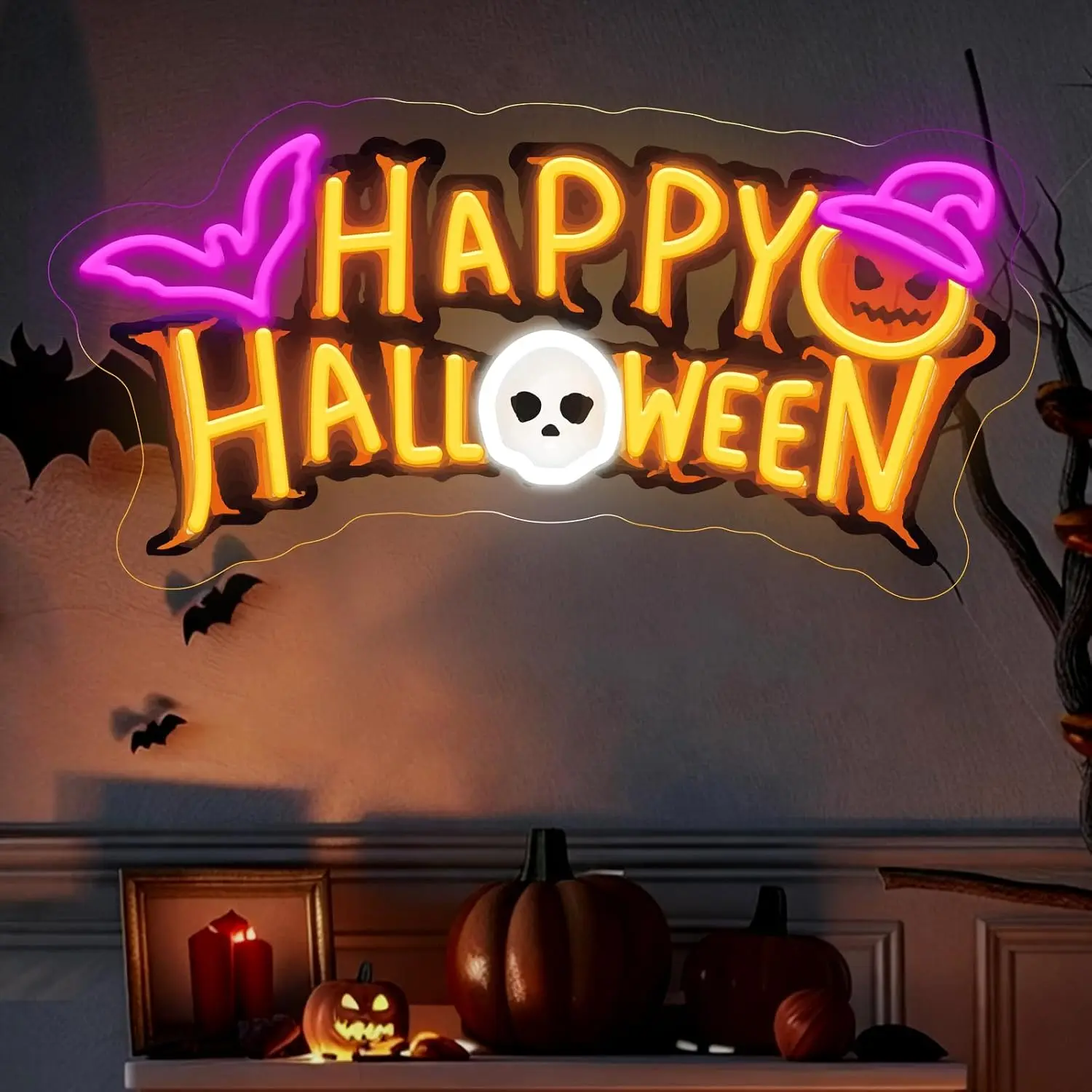 Happy Halloween Neon Sign Skull  Bat LED Glowing Sign for Party Home Bedroom Bar Gaming Room Wall Decor USB Powered Neon Light
