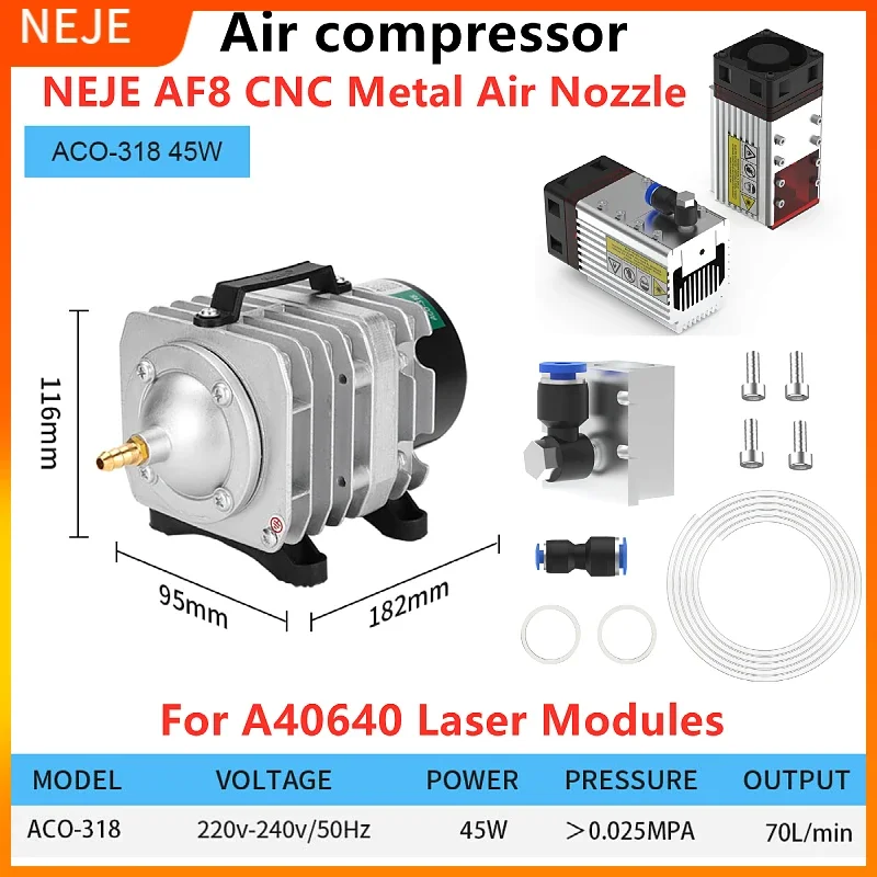 NEJE 70L/Min bomba de asistencia de aire grabador 45W para grabador láser velocidad ajustable compresor de bajo ruido Kit de boquillas de asistencia