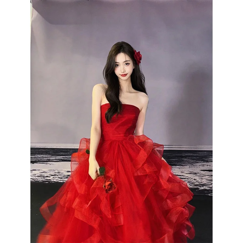

Elegant Princess Style Puffy Skirt Wedding Dress for Women Birthday Celebration Engagement Party High Waist Long Gown