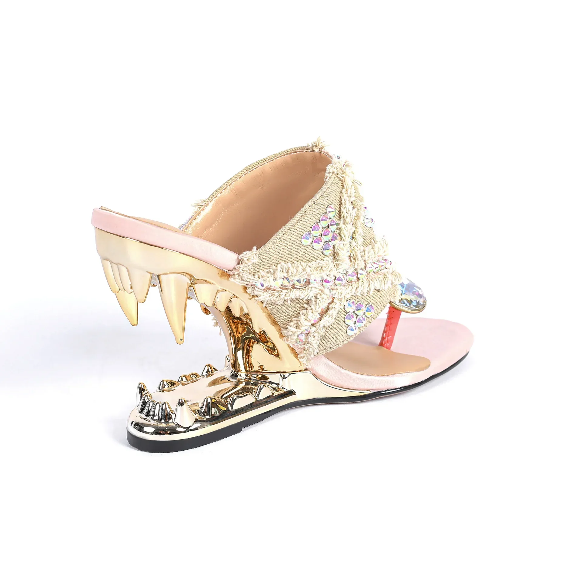 2024 Summer New External Wearing Slippers Women's Round Head Pinch Toe Water Diamond Shaped Heel Tiger Teeth Slippers