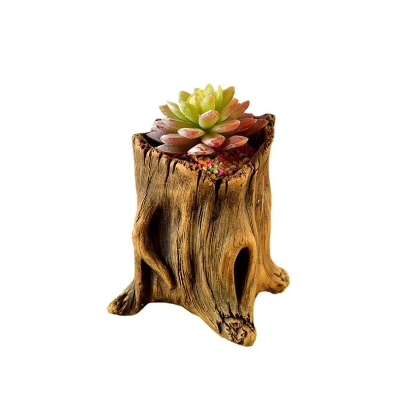 Succulent Planter, Creative Retro Cement Faux Wood Stump Pot, Tree Root Design for Home Garden Decor, Indoor Outdoor Display