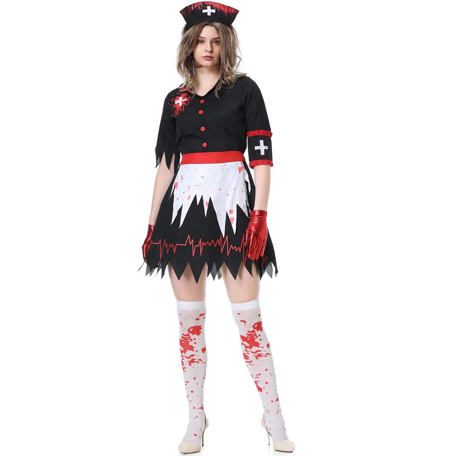 Uniforme de Cosplay de enfermera Zombie para mujer, falda de borde Irregular, guante, conjunto de sombreros, Horror, mancha de sangre, enfermera, vampiro, traje de Halloween