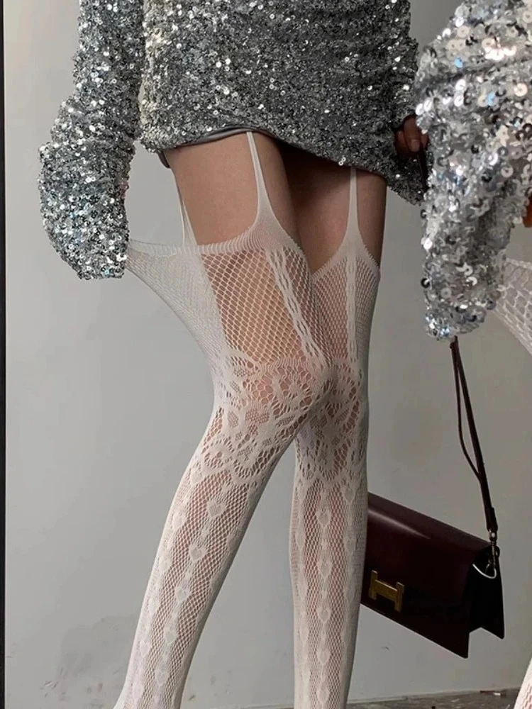 Ausgehöhlte Spitzen-Netzstrümpfe für Damen, sexy, schlanke Nylon-Netzstrümpfe, oberschenkelhohe Strümpfe, weiße Strumpfhose mit offenem Schritt für Damen