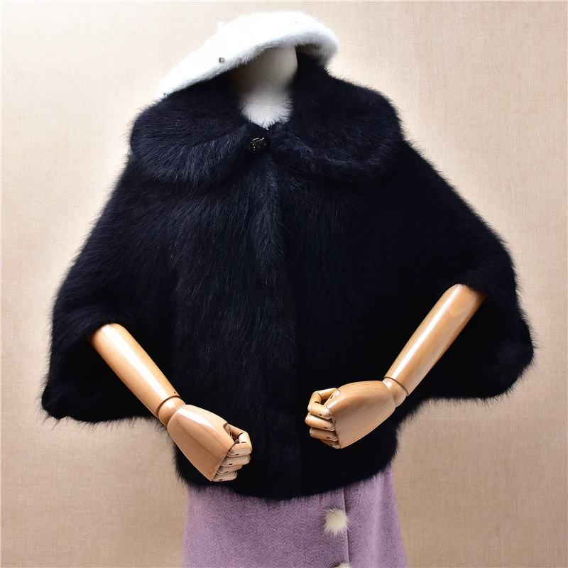 

Ladies Women Fall Winter Elegant Fashion Black Hairy Mink Cashmere Knitted Turn-Down Neck Half Sleeve Loose Claok Sweater Jacket