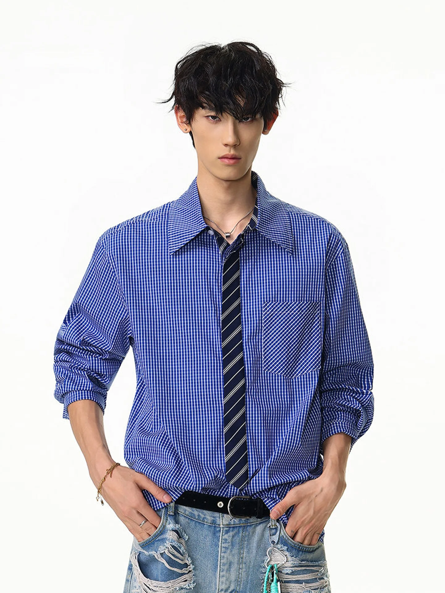 

High nce id irt Men's Autumn Winter Design False Two-Piece Loose irt Jaet Inner Wear Long Sve Cotton Blend