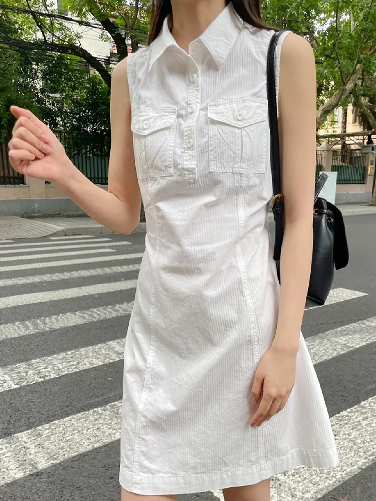 

Vintage Striped Pocket Dress Solid Turn-down Collar Cotton Sleeveless Cargo Dresses Women Y2k Streetwear Summer Lace-up Vestidos