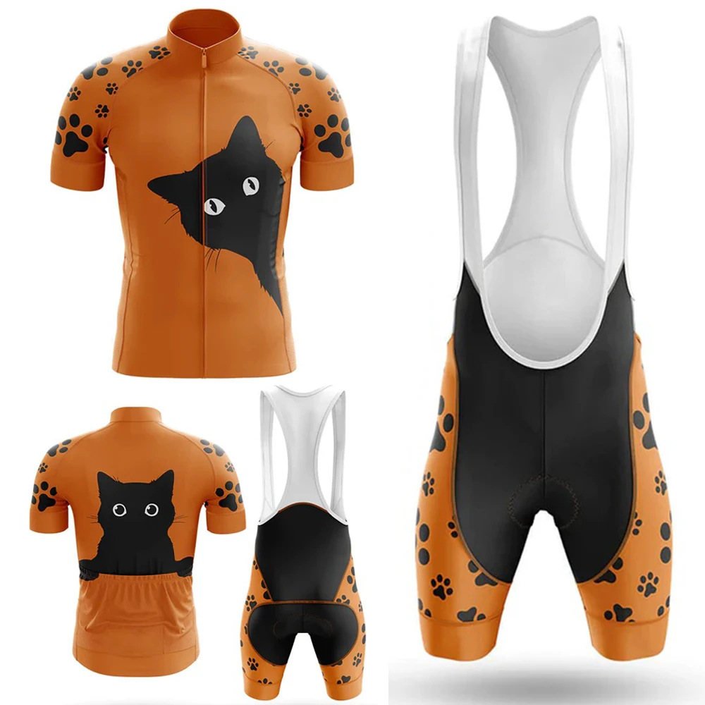 Peeking Black Cat Cycling Kit Orange Men's  Bike Jerseys Shirt Short Sleeve Sets Bicycle Clothing Bib Pants Ride Wear