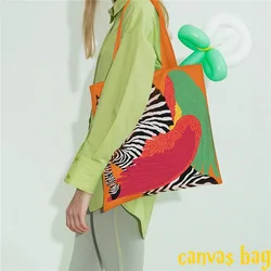 Fashion Multi-color Canvas Bag Women's Handheld Cloth Large Capacity Carrying Book Bag Shoulder Bag Commuter Work Shoulder Bag