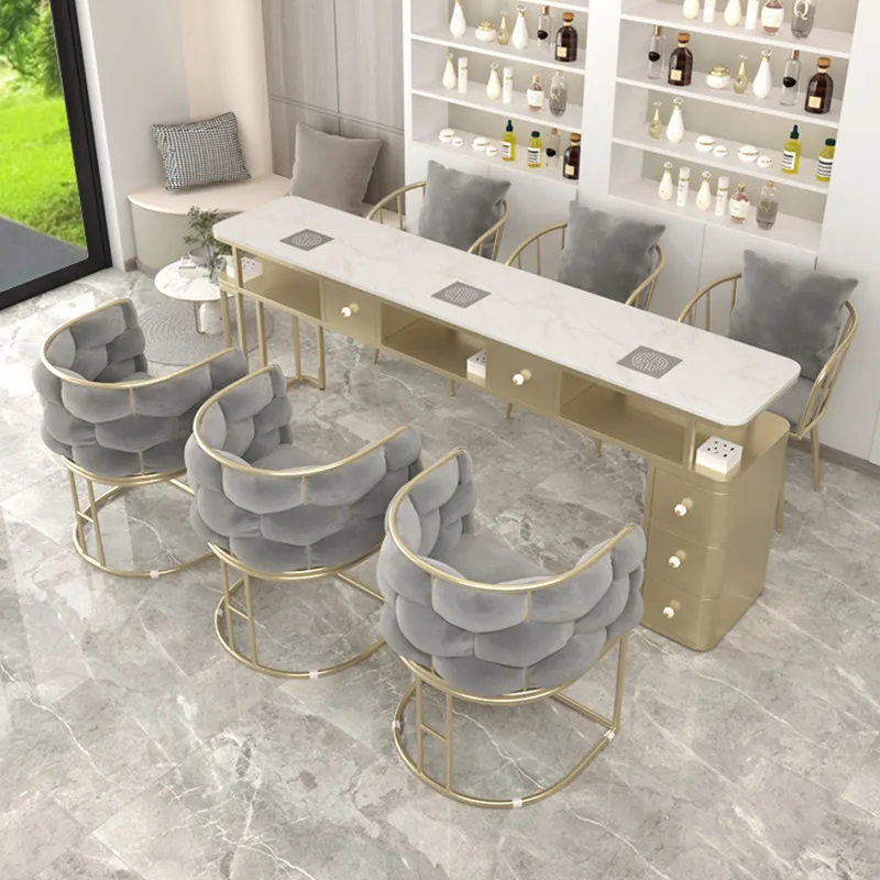 Light Luxury INS Style Manicure Nail Table Set with Built-in Dust Collector Marble Top Nail Workstation with Drawer Cabinet