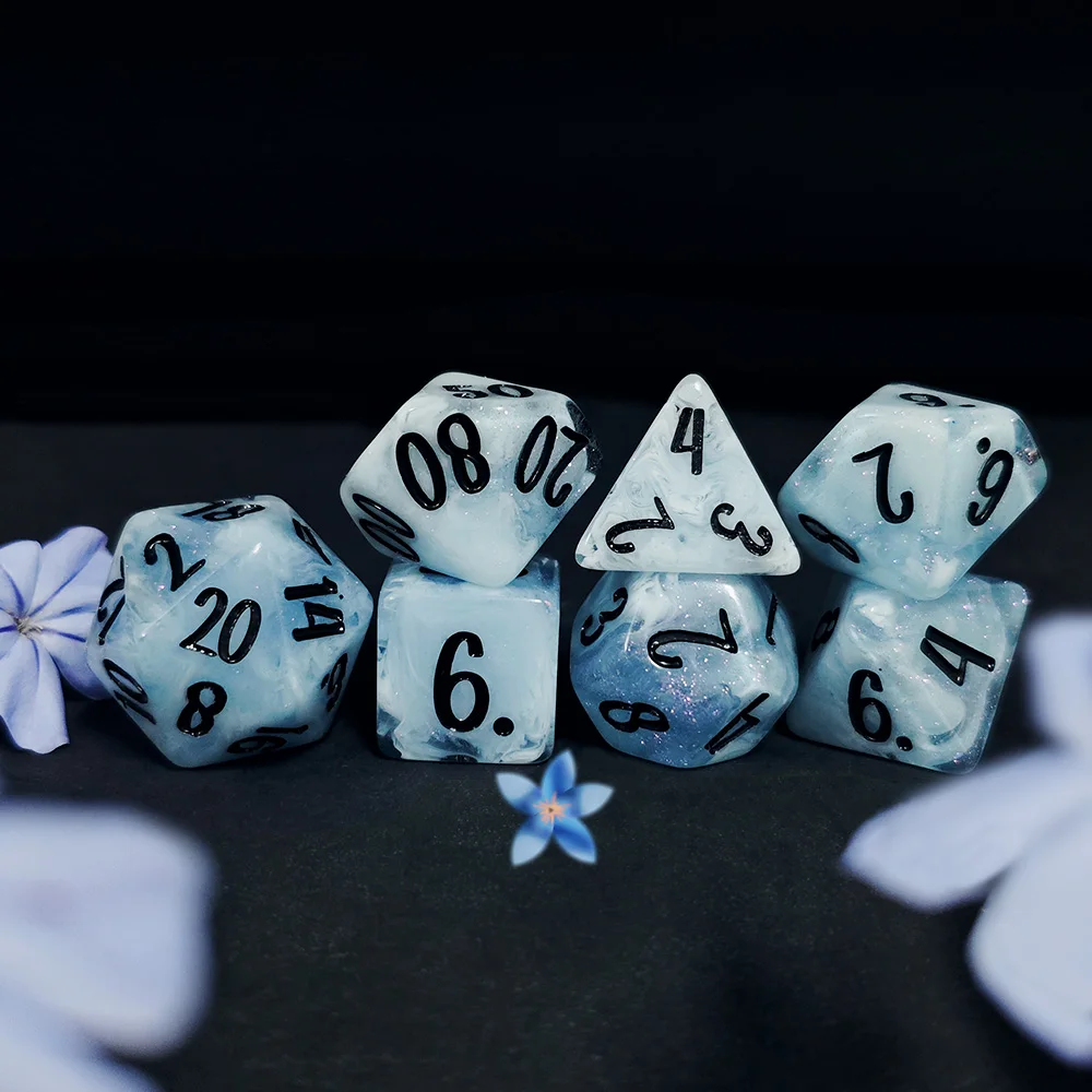7Pcs Ice Blue Swirl Glitter Polyhedral DND Dice Set,Resin Multi Sided RPG Dice With Bold Black Ink Numbers For TTRPG Tabletop