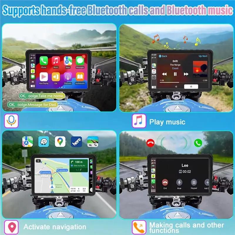 A13Z-For Motorcycle 7 Inch Wireless Carplay Android Auto Screen, Bluetooth Enabled Waterproof Navigation Display For Tours