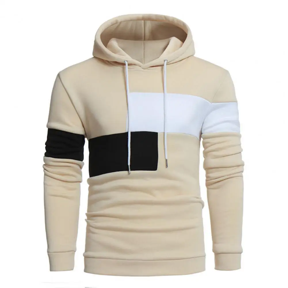 Men Winter Hoodie Drawstring Colorblock Long Sleeves Hooded Hoodie Autumn Casual Hoodie Thick Thermal Mid Length Sweatshirts