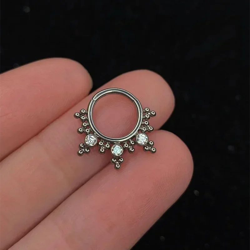 ASTM F136 Titanium Pierced 16G Hinged Nose Rings Hoop Beaded Zirconia Nose Ear Helix Daith Clicker Ring Body Jewelry
