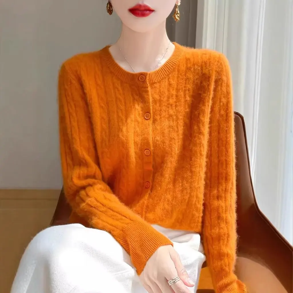 

Women's Twist Cardigan Coat Classic round Neck Knitted Shirt Solid Color Long Sleeve Sweater Western Style 24 Qian Feng