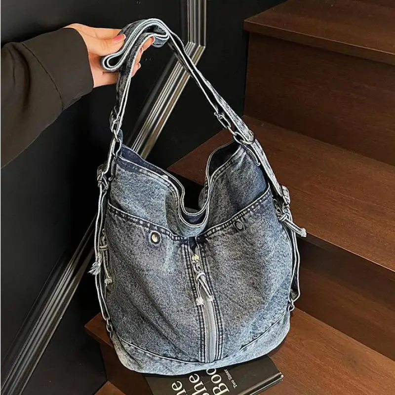 

2026 American Retro Denim Bucket Shaped Shoulder Bag Simple And Versatile Large Capacity Multi-purpose Backpack For Women Trendy