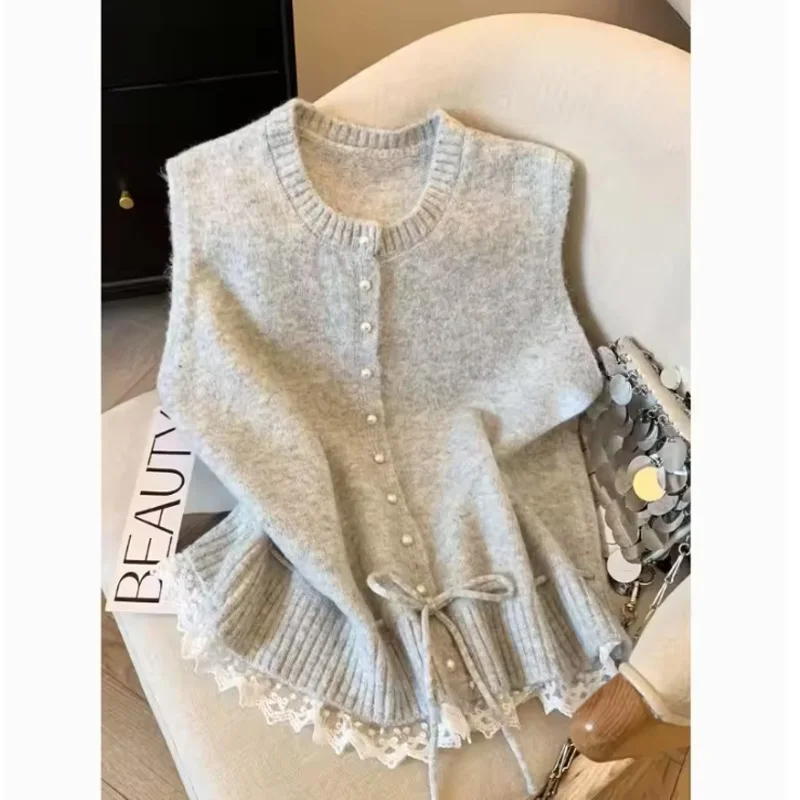 

Модный вязаный жилет-кардиган для женщин с пэчворком, шнуровкой, жемчужными пуговицами, свободный, без рукавов, с круглым вырезом