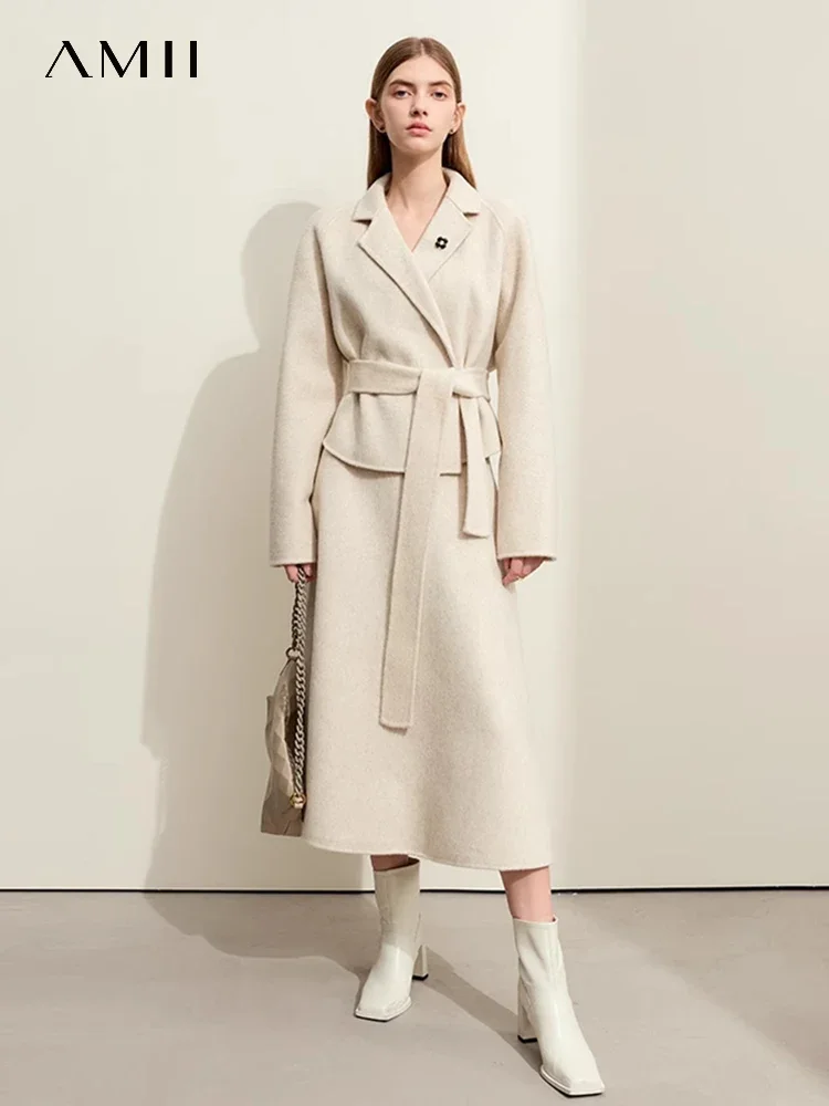 AMII Minimalism 2023 Winter New Women Wool Double-sided Coat Lapel Collar With Belt Long Skirts Suit Lady Dress Sets 12344283