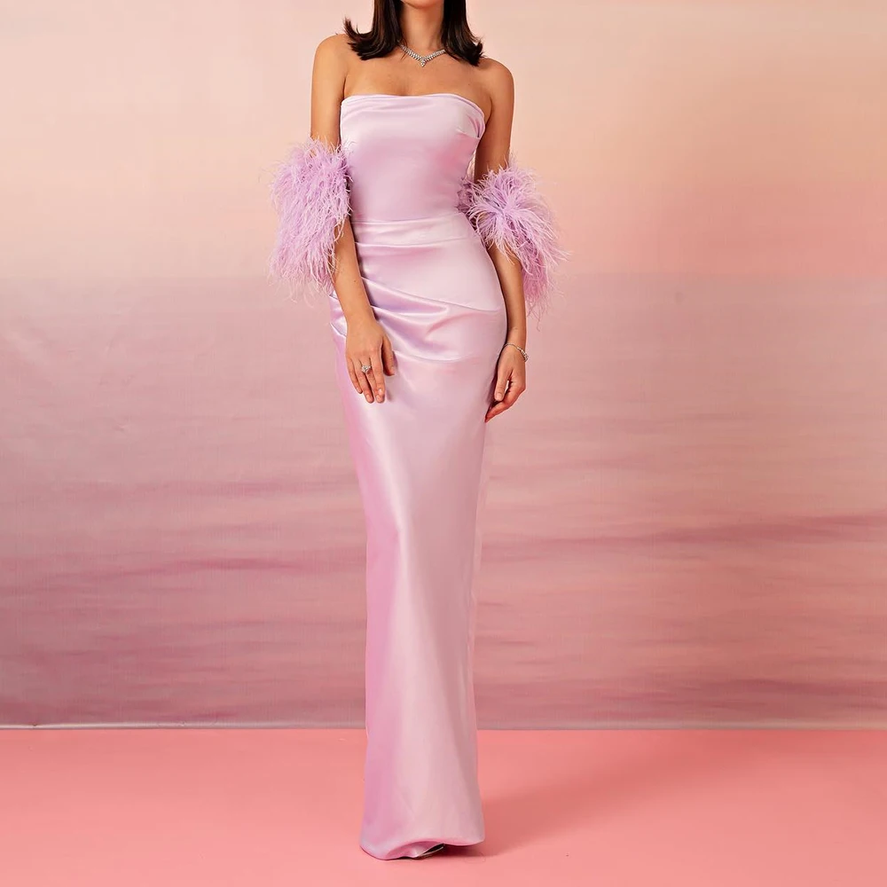 

Elegant Satin Straight Detachable Sleeve Feathers Evening Dress Strapless Floor Length Back Slit Sweep Train Vestidos de fiesta