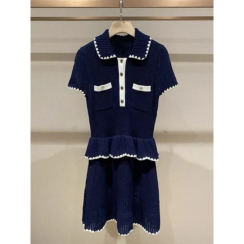 

Women's dark blue lapel knitted dress short sleeve slim fit elegant ladies mini dress