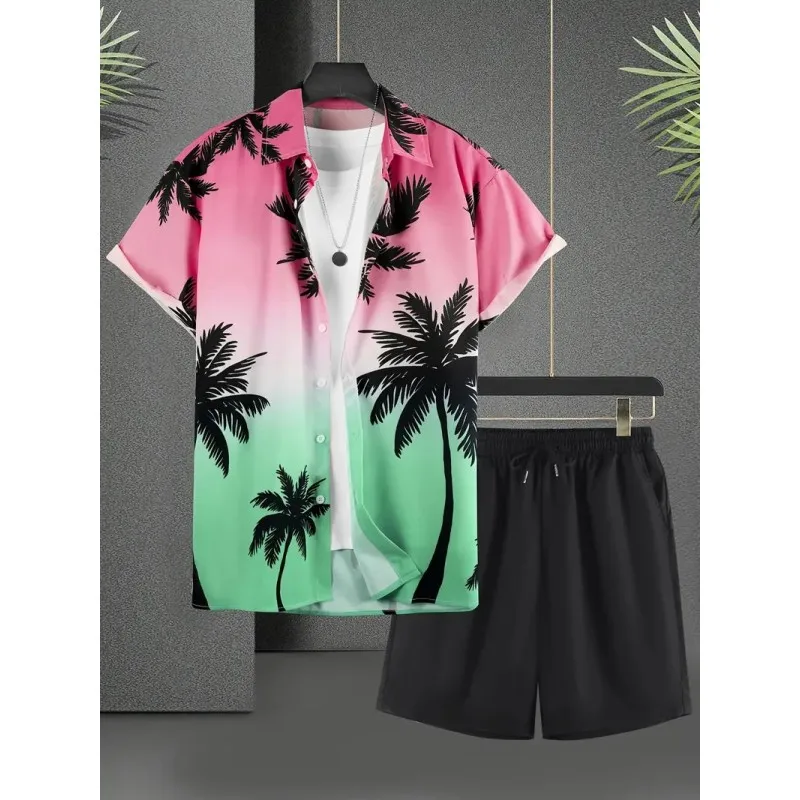 Summer Fashion Set Hawaiian 3D Print Shirt + Shorts Turtleneck Shirt Loose Comfort Drawstring Shorts Beach Vacation Shirt Set