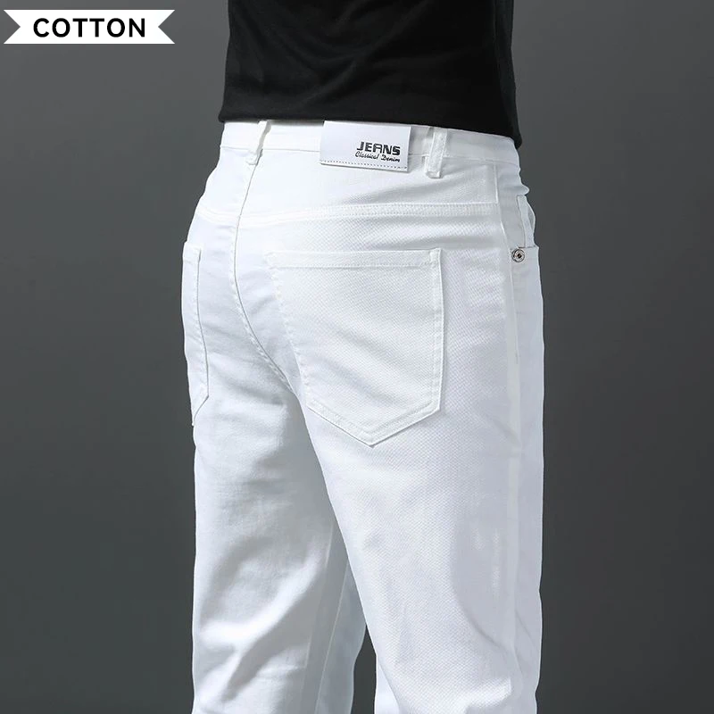 98% Cotton Men's White Jeans Stretch Soft Slim Straight Denim Pants Man Fashion Korean Style Business Office Casual Trousers