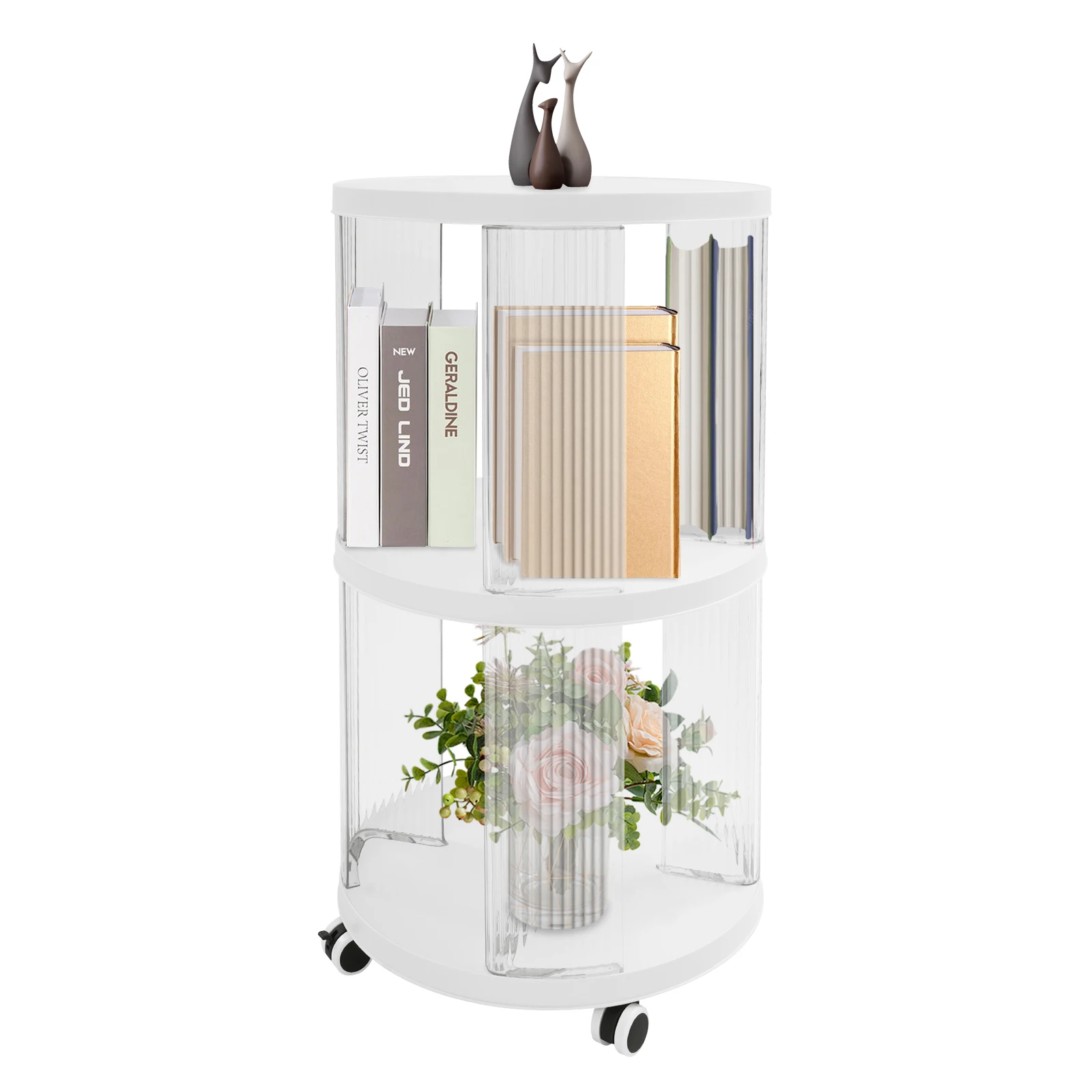 Rotating Bookshelf 360 Degree 2-Tier White Freestanding Bookcase with Wheels for Living Room Bedroom Study Office
