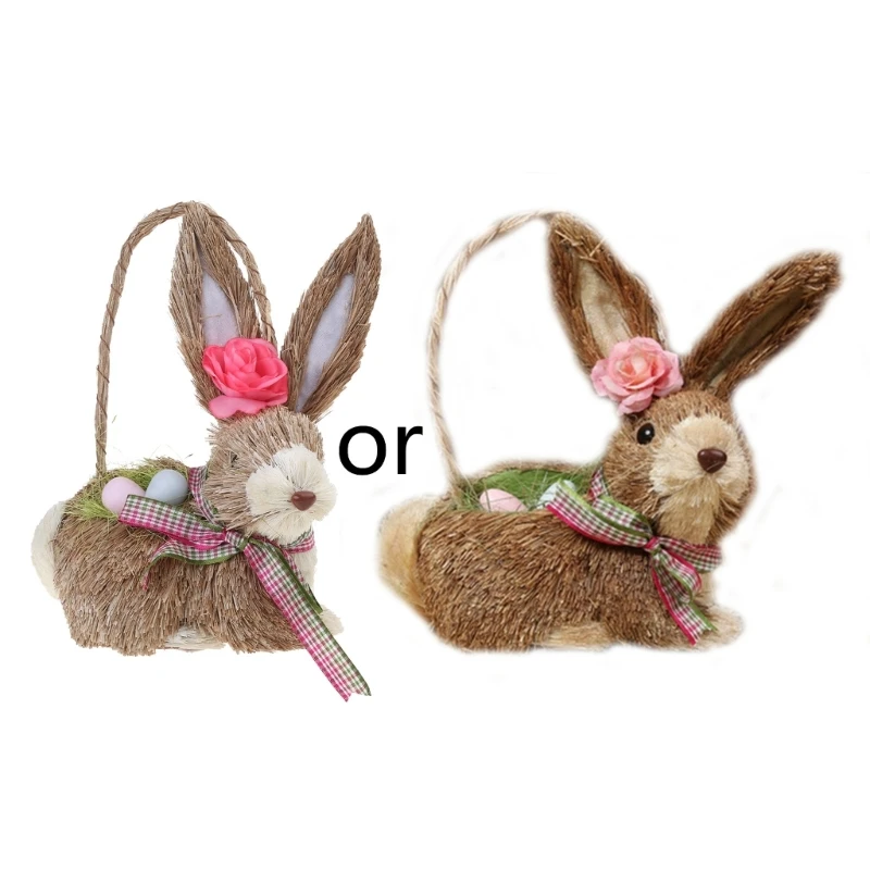 Künstliche Stroh-Eierschalen-Osterkaninchen-Figuren, handgefertigt, gewebte Hasen-Desktop-Ornamente,