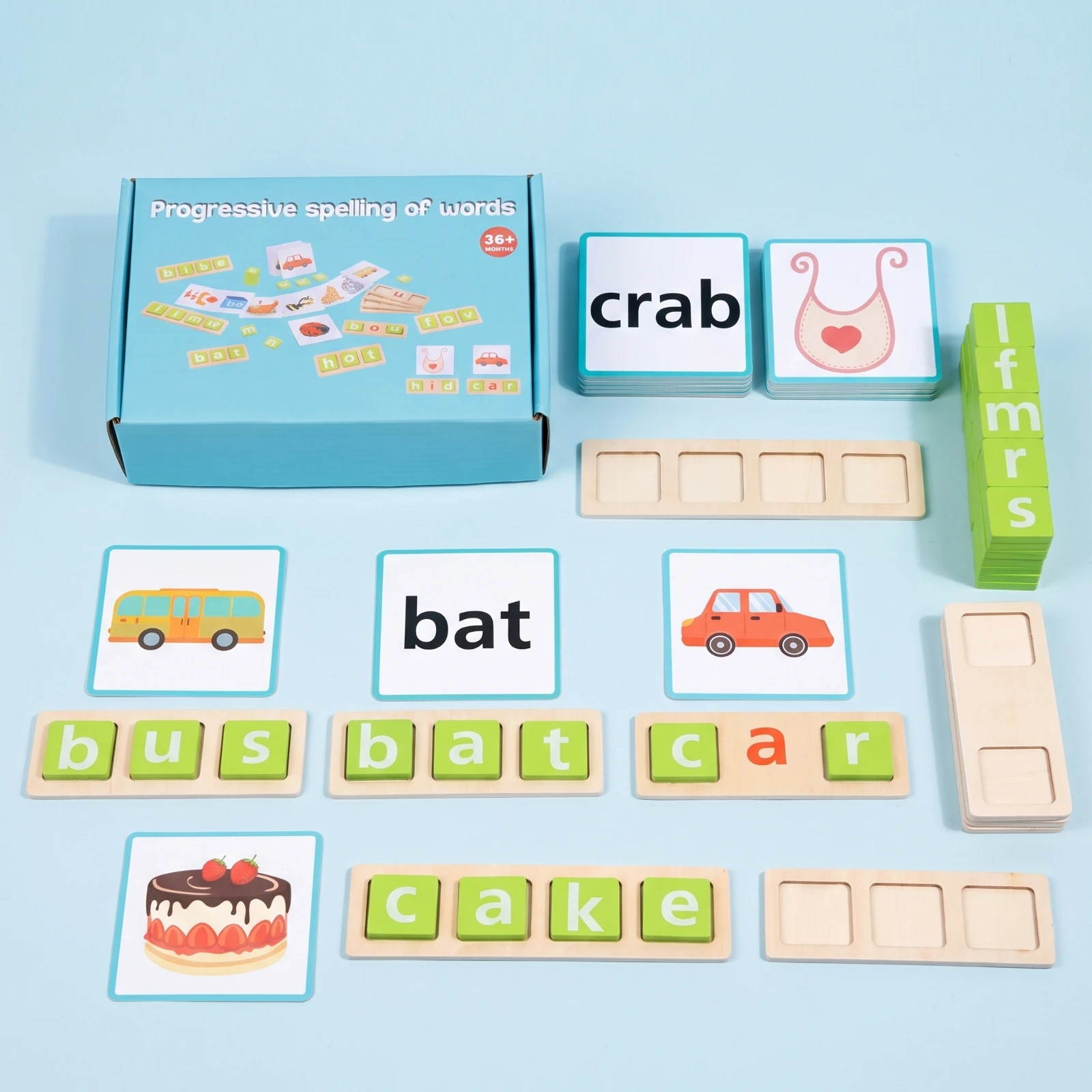 Wooden Spelling Board with Letter Tiles Interactive Word Matching Game Letter Block Set with Cards Smooth-Edged Educational Toy