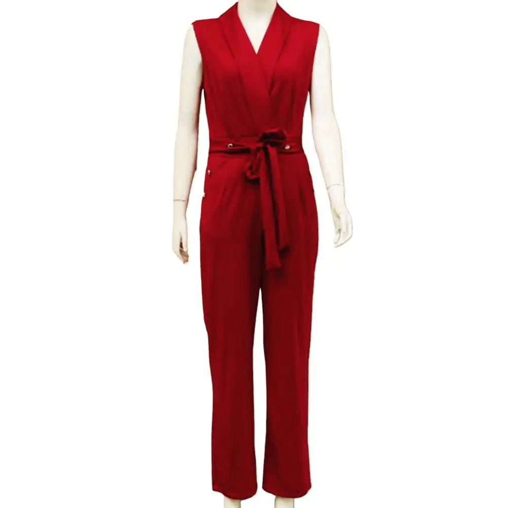 Formal Jumpsuit Elegant V Neck Jumpsuit with Lace-up Strap Wide Leg Design for Women Formal Business Style Summer Outfit Lady