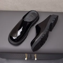 Real Patent Leather Mens Half Slippers Luxury Genuine Leather Handmade Summer Black Party Social Business Shoes Outdoor Sandals