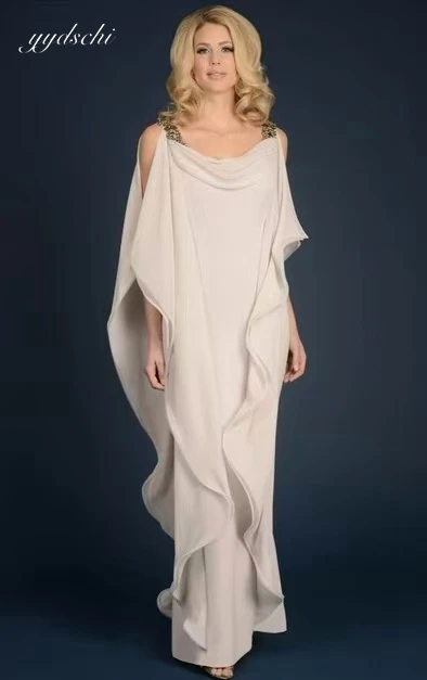 

Customized Latest Floor Length Elegant Mother Formal Dresses Ruffles Plus Size Cowl Back Tiered Long Flowing Wedding Party Gowns