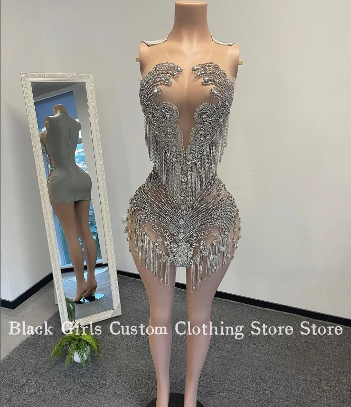 

Luxury Silver Diamante Short Cocktail Dresses Sexy Crystal Beaded Fringe Applique vestidos para mujer Women's Party Dresses